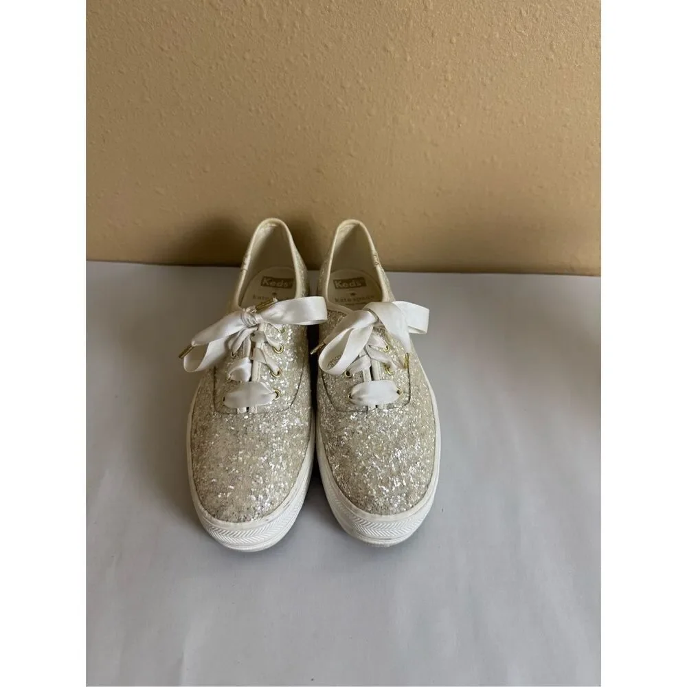 Keds x Kate Spade Glitter Sneakers Cream Ribbon Lace Womens 7